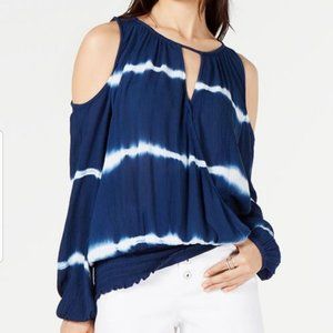 INC Large Blue White Cold Shoulder Knit Top
